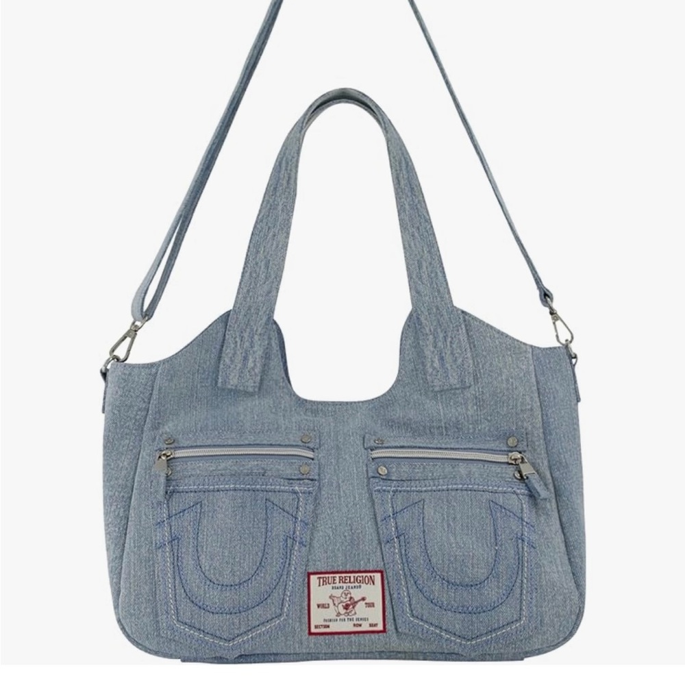 Denim satchel bag with front pockets